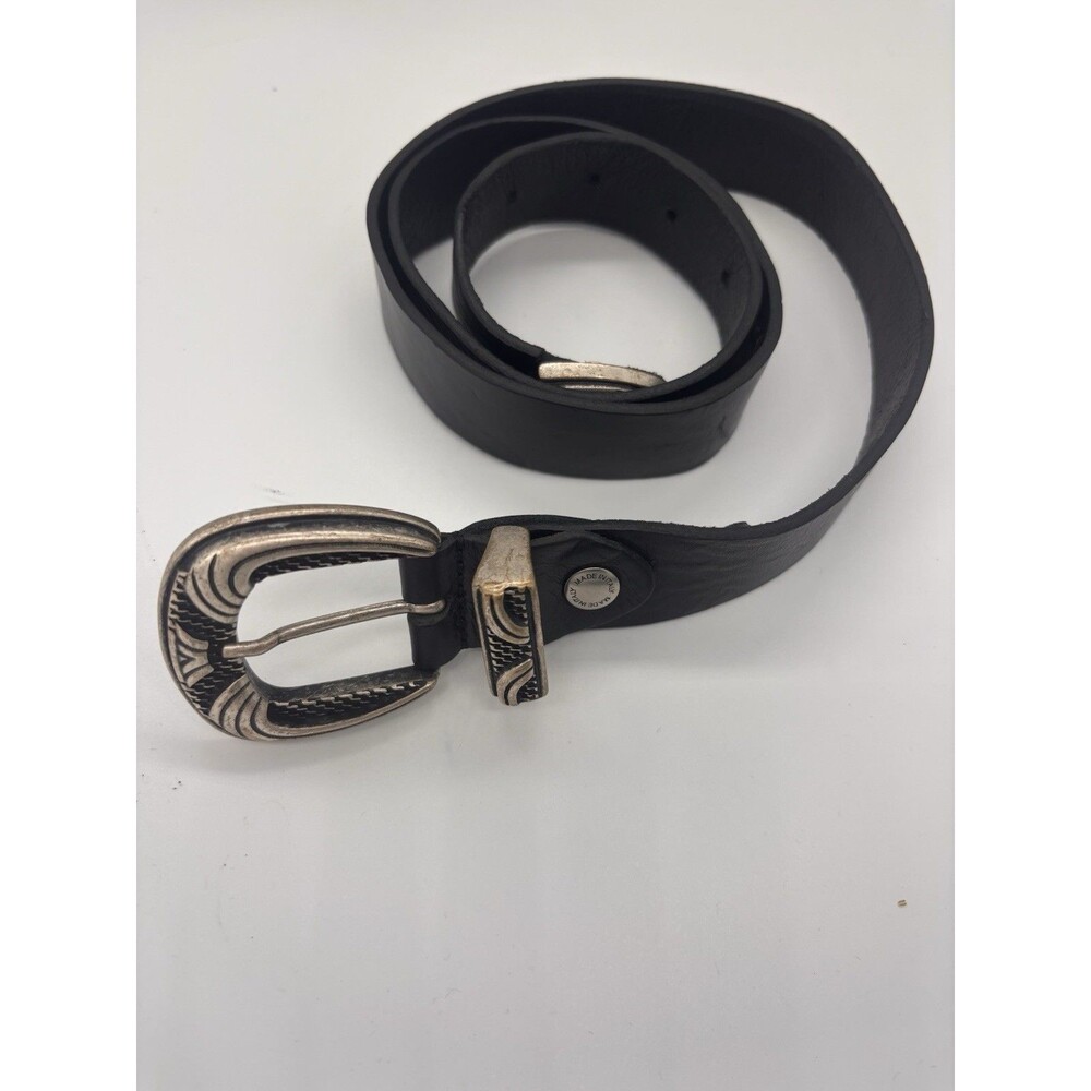 Arturo Vannini Italian Leather Belt Black Silver Patterned Buckle Men’s Small 30